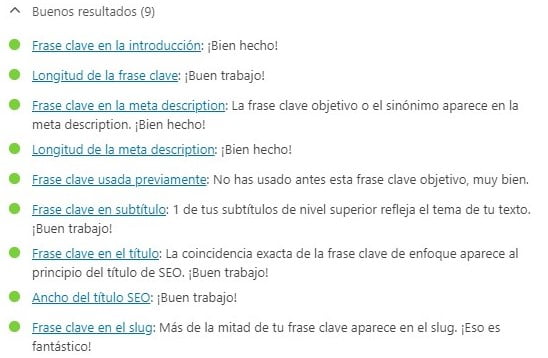 Buenos resultados en Yoast SEO